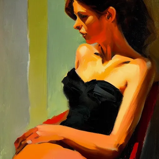 Prompt: an oil on canvas painting of a beautiful feminine woman from the 60's, leaning against the wall, living room, figurative art, studio portrait, deviantart, cgsociety, chiaroscuro, acrylic art, by Elmer Bischoff, by Michael Garmash