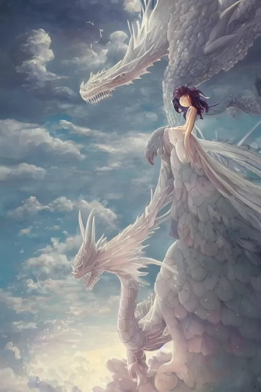 Image similar to beautiful scene render that a princess rely on a huge silver white dragon back, finely detailed angelic face delicate features, facial symmetry, in the fairyland surrounded by white clouds, perfectly shaded, atmospheric lighting, style of makoto shinkai and peter mohrbacher, studio ghibli. artgerm, beeple, animation style, 4 k hd, hyper detailed