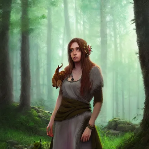 Prompt: a pretty female druid surrounded by forest animals, hyper realistic, digital painting, photorealistic, in the style of greg rutkowski, detailed face