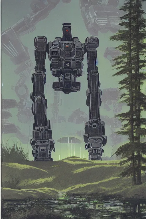 Image similar to giant mecha robot with laser, swamps landscape and pillars by helen lundeberg