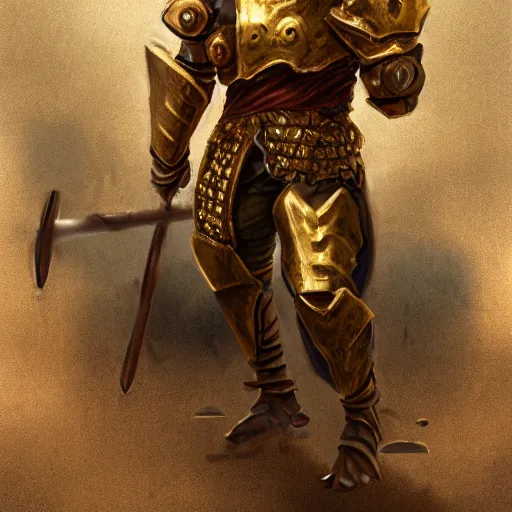 Image similar to Crippled giant using a rusty mace made of gold inside a hall. He is wearing broken armor with rusty jewelry, trending on artstation, fantasy, concept art