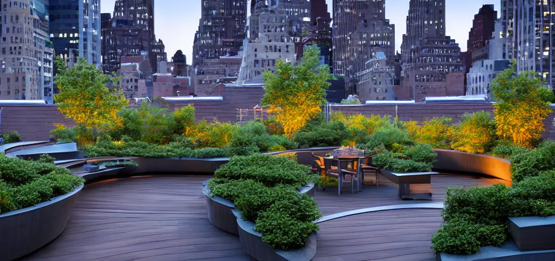 Image similar to curved roof planes lift and descend creating shade and architectural expression, situated on a rooftop garden in manhattan, highly detailed, vivid color, high resolution photography, mist, dusk