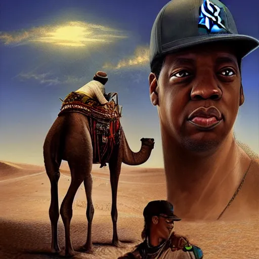 Prompt: portrait of jay - z riding and a camel in brooklyn new york, yankee baseball hat, sand desert fantasy, matte painting, highly detailed, art by artgerm, artstation