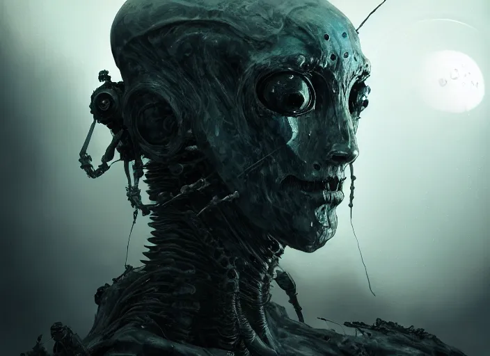 Image similar to a mysterious translucent space alien, lone traveler, muscle shirt, eerie shimmering surroundings, concept art, intricate, detailed, award - winning, cinematic, octane render, 8 k, photorealistic, by tsutomu nihei and emil melmoth and gustave dore and craig mullins and yoji shinkawa