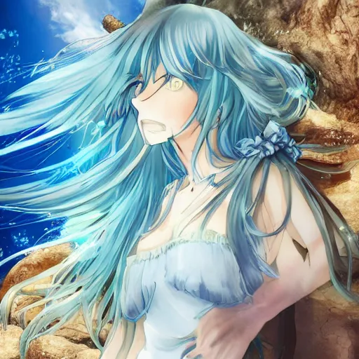 Image similar to a very beautiful anime girl wearing a dress made of water sitting on the edge of a azure blue crystal riverbed , full body, long white hair with azure blue highlights blending into the dress , azure blue watery eyes, full round face, seductive over the shoulder glances , lens flare, cinematic lighting, medium shot, mid-shot, highly realistically detailed, trending on artstation, Unreal Engine 4k, Stanley Artgerm Lau, WLOP, Rossdraws, James Jean, Andrei Riabovitchev, Marc Simonetti, and Sakimichan