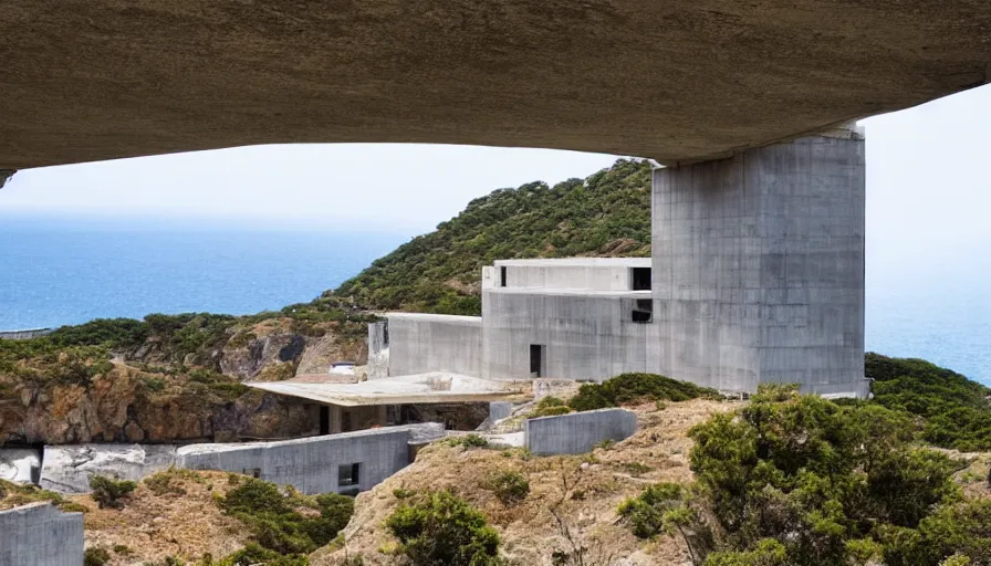 Image similar to big military base perched on a cliff overlooking a magnificient bay, drawing architecture, pritzker architecture prize, greig fraser