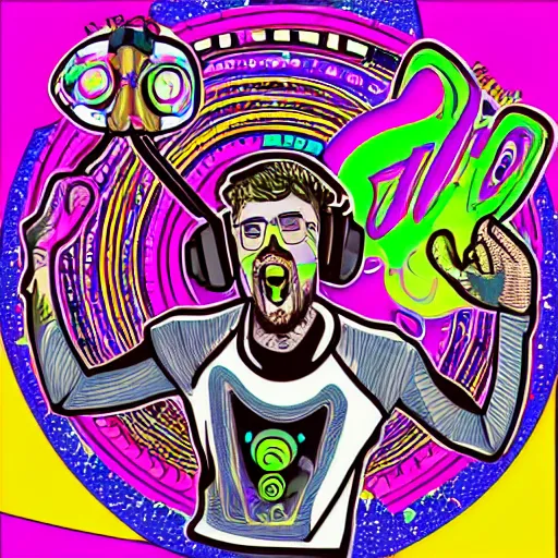 Image similar to svg sticker of a Dancing-Alex-Grey-Psychedelic-Rave-Man, at a rave, spinning records, giant headphones rocking out, wearing headphones, huge speakers, dancing, rave, DJ, spinning records, digital art, amazing composition, rule-of-thirds, award-winning, trending on artstation, featured on deviantart