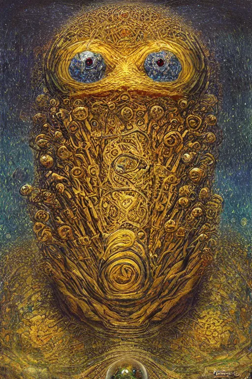 Prompt: The Ergot Spore by Karol Bak, Jean Deville, Gustav Klimt, and Vincent Van Gogh, otherworldly, fractal structures, arcane, prophecy, ornate gilded medieval icon, third eye, spirals