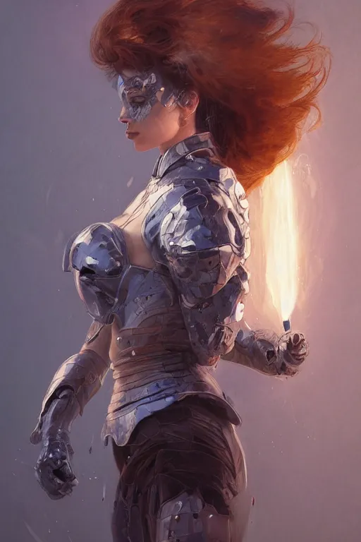 Prompt: > professional portrait of female an cryogenic assassin in fighting pose , armor elements , danymic lighting, stunning hair, fading color, beautiful bone structure, symmetrical facial features, intricate, elegant, digital painting, concept art, smooth, sharp focus, illustration, by Ruan Jia and Mandy Jurgens , and mucha, and Artgerm and William-Adolphe Bouguerea