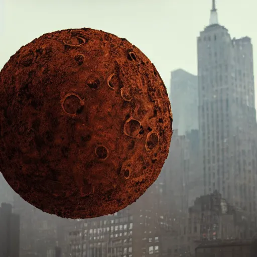 Image similar to cinematic still of giant rusty ball destroyed new york, post apocalyptic