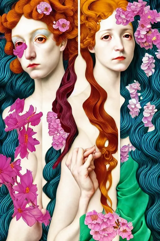 Prompt: 3 Spring Muses symbolically representing March, April, and May, in a style blending Æon Flux, Peter Chung, Shepard Fairey, Botticelli, Ivan Bolivian, and John Singer Sargent, inspired by pre-raphaelite paintings, shoujo manga, and cool Japanese street fashion, dramatically blossoming flora and fauna, petals falling everywhere, pastel vivid triad colors, hyper detailed, super fine inking lines, ethereal and otherworldly, 4K extremely photorealistic, Arnold render