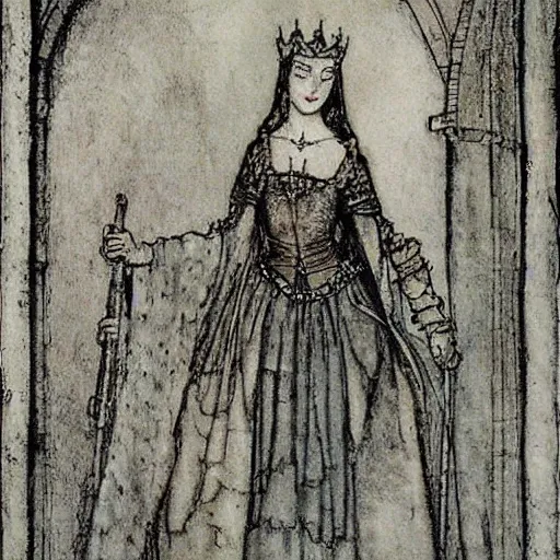 Image similar to beautiful young medieval queen by arthur rackham