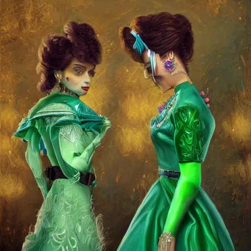 Image similar to a highly detailed painting. Beautiful twin sisters are being looked at by the musician Prince. He is green with jealousy. Trending on Artstation.