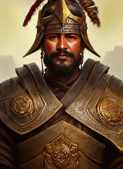 Image similar to smart tai warlord, closeup portrait, beardless, smooth - faced, historical hero, ethnic group, tai costume, bronze headdress, intricate, with leather armor cross on bare chest, elegant, loin cloth, highly detailed, oil painting, artstation, concept art, matte, sharp focus, illustration, hearthstone, art by earl norem