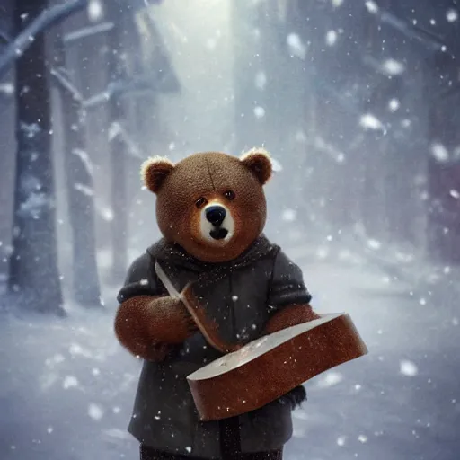 Image similar to smiling brown bear holding triangular balalaika (triangular chordophone, triangular Domra) in hat in winter at streets of Moscow, sharp focus, fantasy style, octane render, volumetric lighting, 8k high definition, by greg rutkowski, highly detailed, trending on art Station