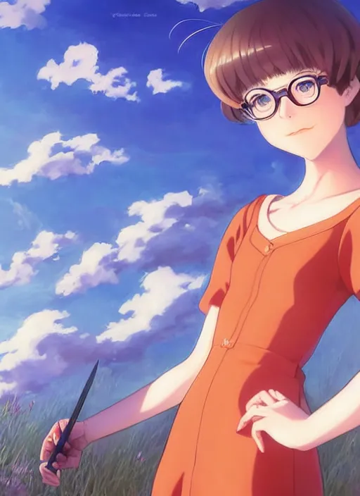 Image similar to Painting of Velma Dinkley in the style of Violet Evergarden, beautiful anime art style, winged eyelashes, countryside, calm, fantasy character portrait, dark outlines, dynamic pose, above view, sunny day, artwork by Makoto Shinkai, very coherent asymmetrical artwork, sharp edges, perfect face, simple form, 100mm