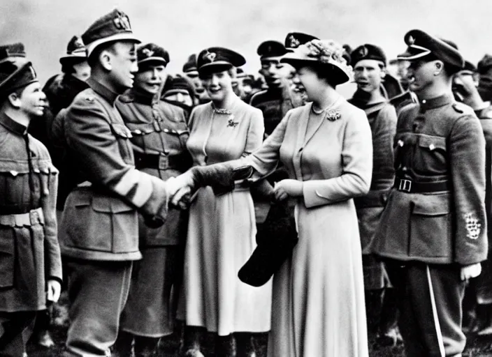 Image similar to ultra wide 1 9 4 6 historical far away photo of young queen elizabeth accepting the surrender of the german army, her corgis are nearby highly detailed