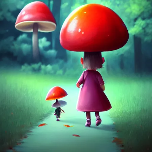 Prompt: collecting mushrooms ilustration a beautiful little girl smiling, walking calmly through an autumn forest, style by goro fujita, character art, sharp focus, highly detailed, artstation