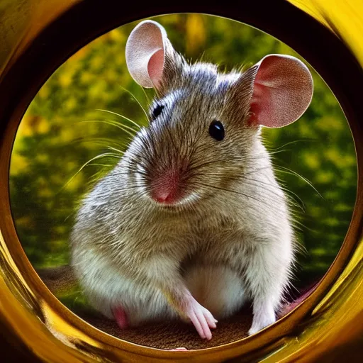 Prompt: mouse holding a drum, sitting in the forrest, medieval portrait, close up, smooth, golden hour, impressionism