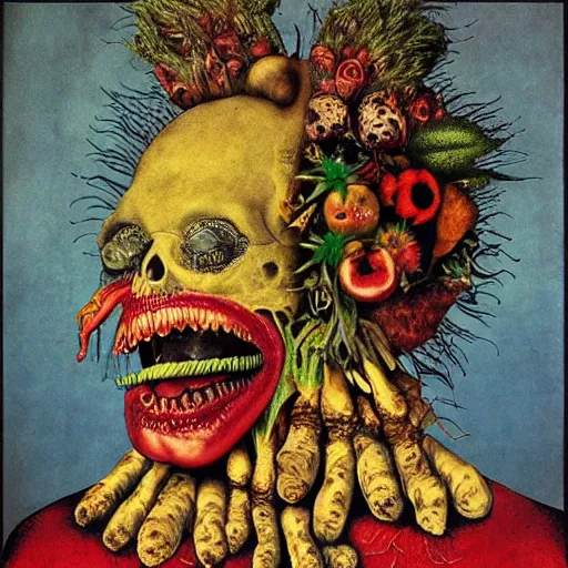 Image similar to punk album cover, blank horizontal banner on top, psychedelic, giuseppe arcimboldo