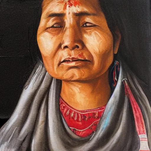 Prompt: a nepali woman wearing a white shawl, sad, bloody, oil painting