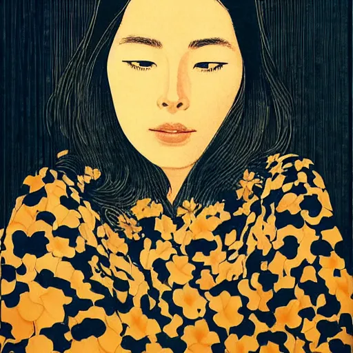 Image similar to “ jessica biel portrait by ikenaga yasunari and ayana otake and ko rakusui, 6 0 s poster, drawing, realistic, sharp focus, japanese, dreamy, nostalgia, faded, golden hues, floral clothes, porcelain skin ”