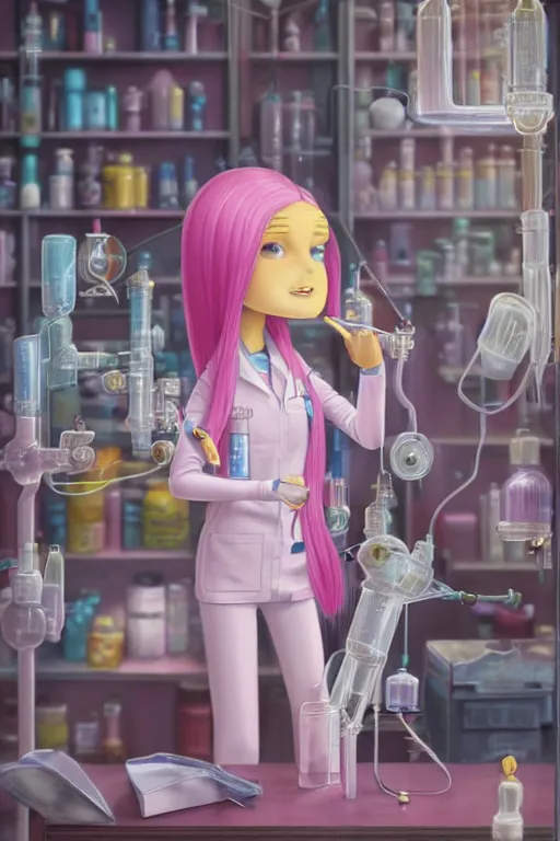 Image similar to highly detailed, industrial photography, profile photo of adult princess bubblegum from adventure time, working in her science lab, wearing lab coat, long bubblegum hair, long straight bangs, confident, beautiful, attractive, illustration concept art by nicoletta ceccoli, mark ryden, lostfish, detailed and intricate environment, 8 k resolution, hyperrealistic, octane render