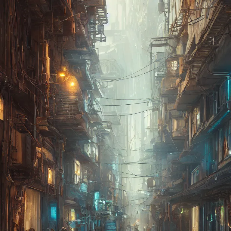 Prompt: hyperrealistic and beautiful painting of an alley way within a grand city, wanderers traveling from afar, classical architecture, technological lights, screens, cyberpunk style, 8 k resolution, by hugh ferris and john smith, polished, fine detail, intricate, blue color scheme, cyberpunk style, smooth, octane, concept art, trending on artstation