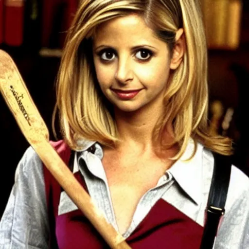 Image similar to sarah michelle gellar, buffy the vampire slayer, holding a stake, in the style of jo chen