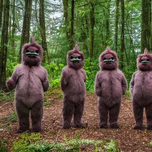 Image similar to photo of feral cryptid sasquatch teletubbies in the woods