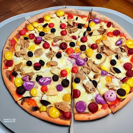 Image similar to a 🍕 🍭🍑🍬🍟🥥🍫🍄🧁🍩 ( ( mega - pizza ) ) made of 🍦🍡🍰🍇🍯🍮🍹🧁