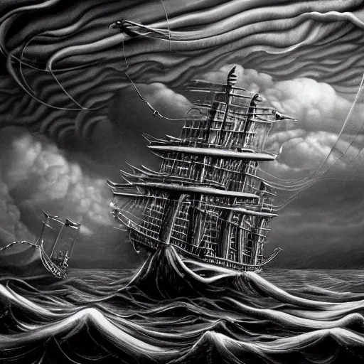 Image similar to a highly detailed hyperrealistic scene of a ship being attacked by giant squid tentacles, jellyfish, squid attack, dark, voluminous clouds, thunder, stormy seas, pirate ship, dark, high contrast, artgerm, soft focus, sharp, MC Escher, bright light