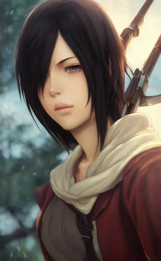 Image similar to mikasa ackerman, hero pose, medium shot, bokeh, beautiful face!!!!, 2 7 years old, cg animation, lifelike, animated, realistic, character select portrait, by artgerm, greg rutkowski, alphonse mucha, 3 d