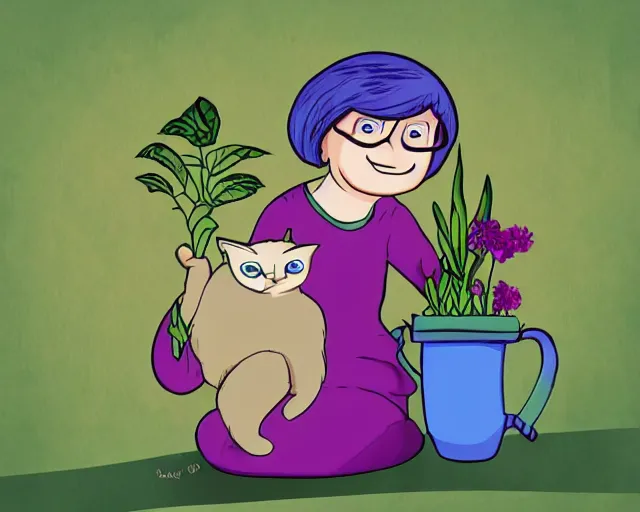 Image similar to cartoon of a nice old lady and her plant cat, pixar, sharp high quality