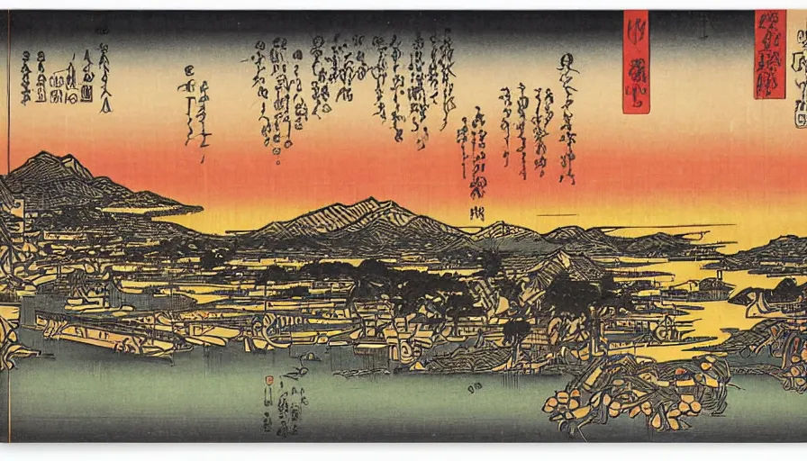 Image similar to sunset over the san francisco bay area by utagawa kunisada