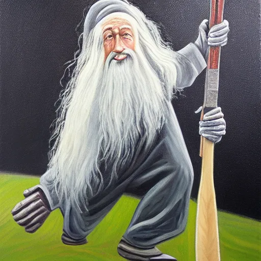 Image similar to Oil painting of Gandalf playing cricket