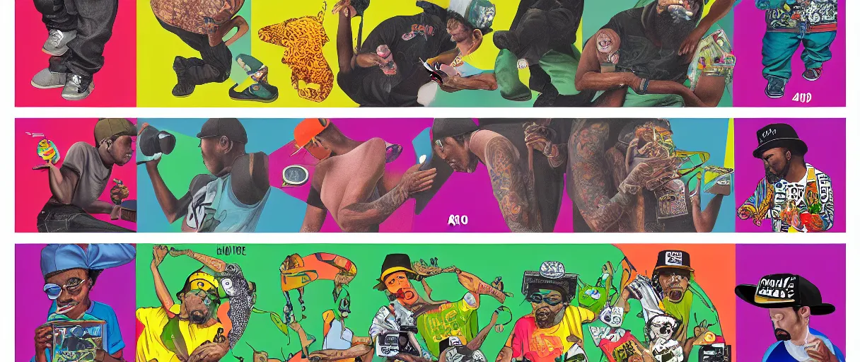 Image similar to evolution timeline from hip hop pants - aesthetic, smooth painting, each individual seeds have ultra high detailed, 4 k, illustration, comical, acrylic paint style, pencil style, torn cosmo magazine style, pop art style, ultra realistic, underrated, by mike swiderek, jorge lacera, ben lo, tyler west