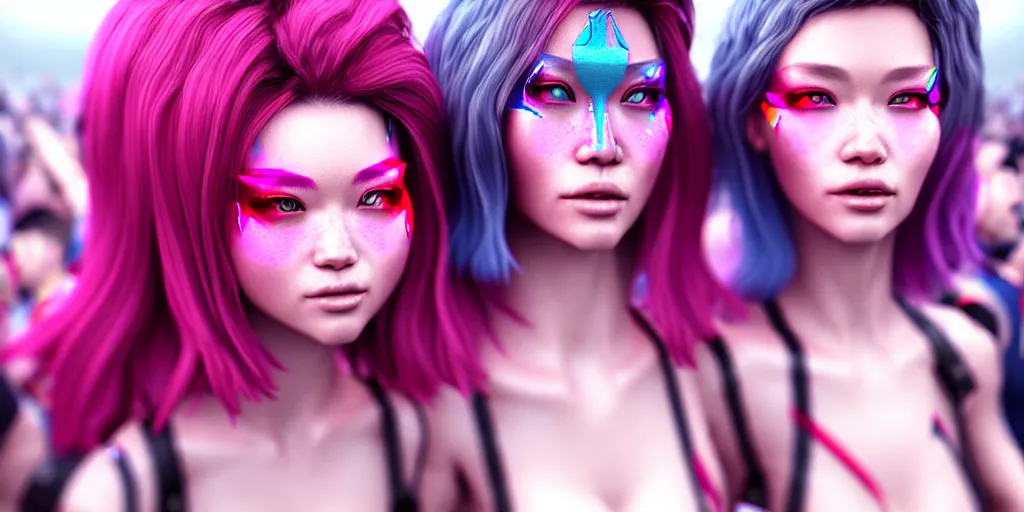 Image similar to Photorealistic people at love parade by KDA and Sam Yang, trending on artstation