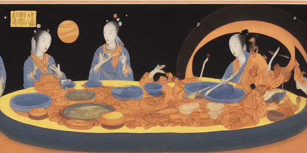 Prompt: Eating hot pot in the space station with Saturn outside the round window, in style of Tang Yin, Zhang Daqian, Yoshitomo Nara, surrealist