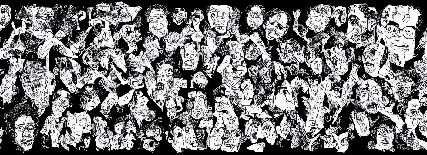 Image similar to character study of todd solondz tripping on lsd, clear faces, screenwriter, introvert, panic, emotional, character sheet, fine details, concept design, contrast, by gabriel hardman, joe alves, j. todd anderson, chris bonura, trending on artstation, 8 k, full body and head, turnaround, front view, back view, ultra wide angle