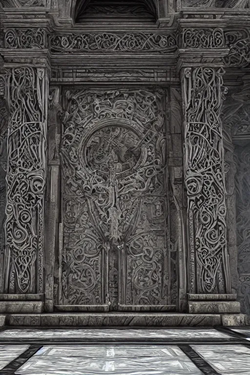 Image similar to ancient fantasy marble gate, neonpunk, mega structure, symmetric, intricate details, insanely detailed, insanely realistic, back lighting, 4 k, cinematic