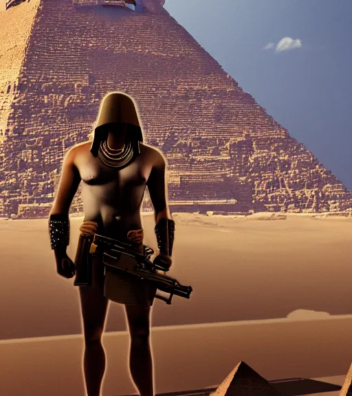 Prompt: a beefy man with a machine gun, egyptian pyramid in the background, 4 k, sharp focus, illustration, highly detailed, cinematic, photorealistic, cyberpunk