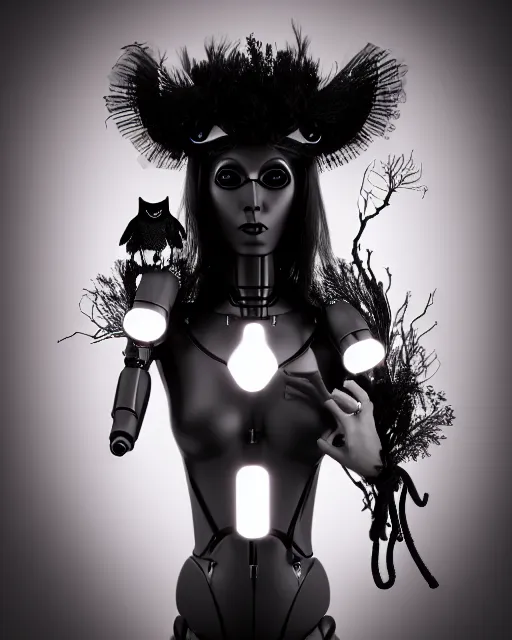 Prompt: surreal mythical dreamy dark artistic black and white fine art 3 / 4 fashion portrait photo of a young beautiful delicate female robot - witch - owl with orchid - doll face, rim light, cinematic, studio dramatic light, poetic, masterpiece, octane render, 8 k, photo