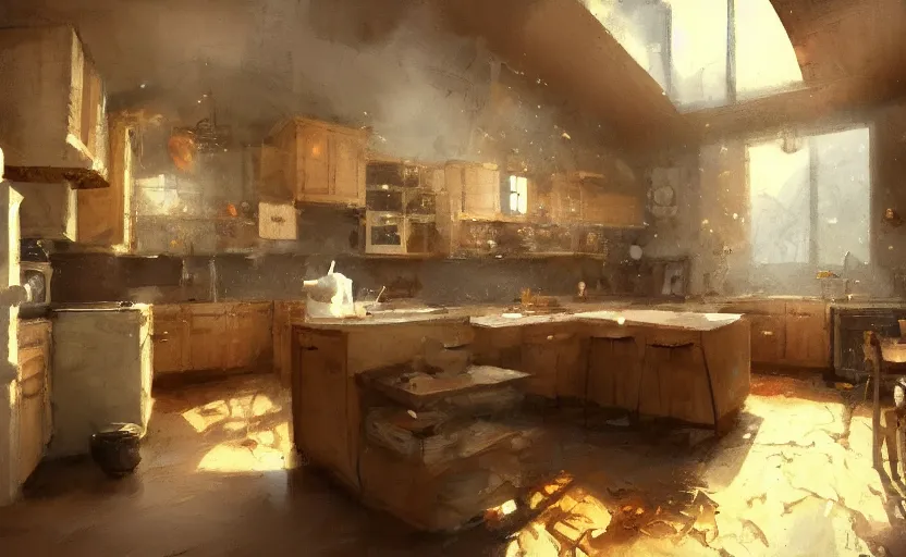 Image similar to a messy kitchen interior painting by Craig Mullins, octane rendering, warm moody lighting, wide angle lens, low view, in the style of Pixar animation, trending on artstation,