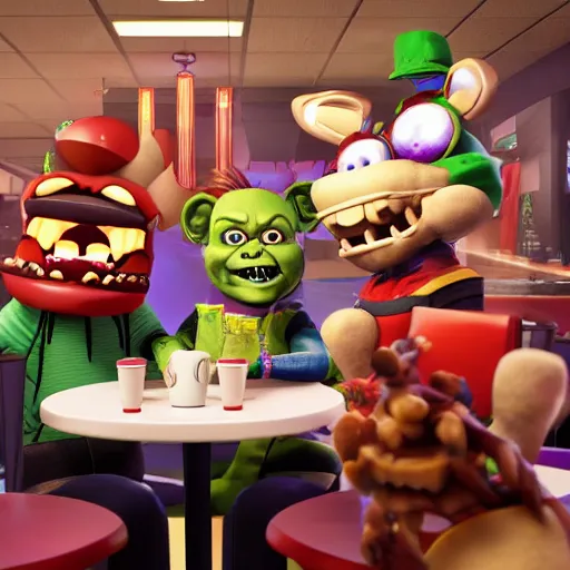 Image similar to five night's at freddys sitting in a chucky cheese restaurant, octane render, ultra detail, ultra realistic, 8 k