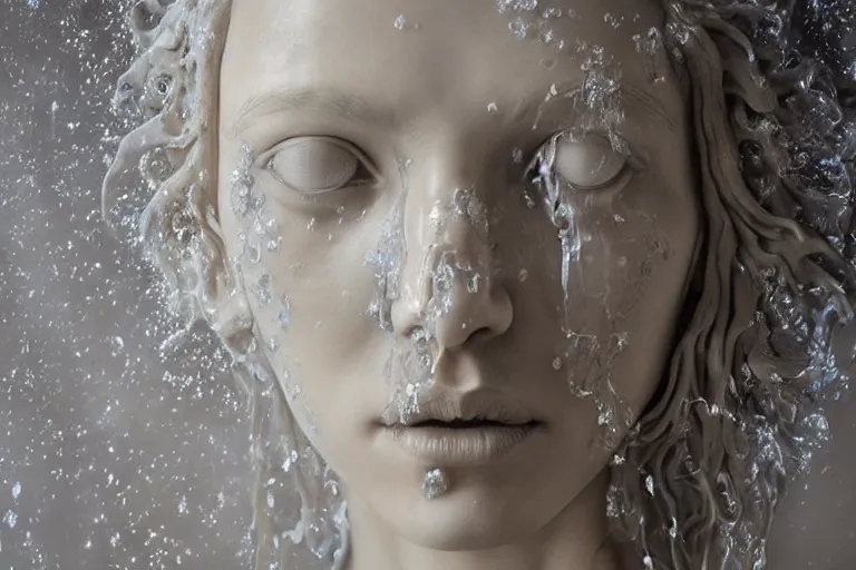 Image similar to a sculpture of a stunningly beautiful woman with flowing tears, fractal flowers on the skin, intricate, a marble sculpture by nicola samori, behance, neo - expressionism, marble sculpture, made of mist, still frame from the prometheus movie by ridley scott with cinematogrophy of christopher doyle, arri alexa, 8 k