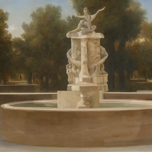 Prompt: oil painting of an infinite expanse of marble fountains of differing design with occasional bronze figures in some of the fountains, empty scene with no people or animals