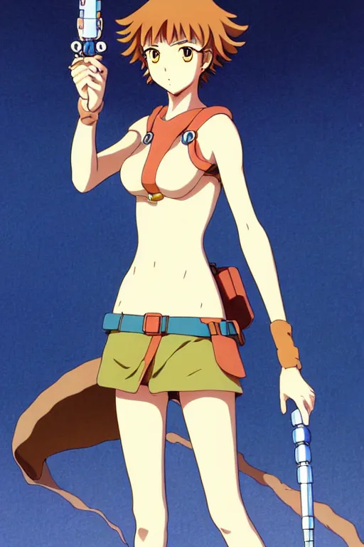 Image similar to anime art full body portrait character nausicaa by hayao miyazaki concept art, anime key visual of elegant young female, short brown hair and large eyes, finely detailed perfect face delicate features directed gaze, sunset in a valley, trending on pixiv fanbox, studio ghibli, extremely high quality artwork by kushart krenz cute sparkling eyes