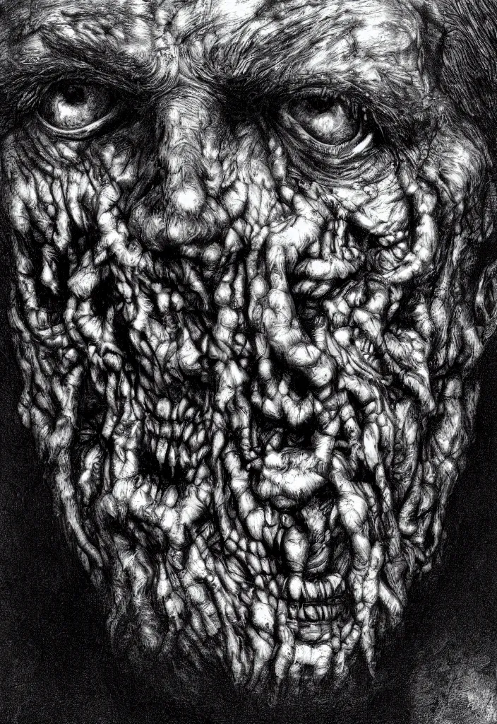 Image similar to extreme closeup portrait of a zombie face made of people, creepy atmosphere, dark, portrait, very realistic, illustration by gustave dore