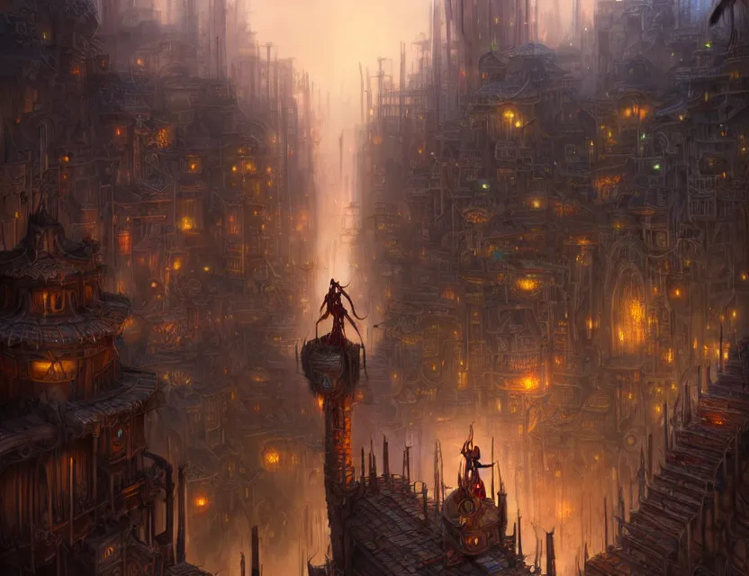 Image similar to you and a tana'ri warrior standing together on the balcony of the planescape city named sigil, crowded street below, beautiful digital painting in the style of wlop, volumetric lightning, intricate details, ultra realistic, by art germ, by gerald brom, fantasypunk, deep colors, amazing d & d art, trending cgsociety, artstation, sharp